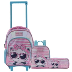 Kit Mochila Mochilete Escolar com Rodinhas, Estojo e Lancheira, Menina, Cute Panda
