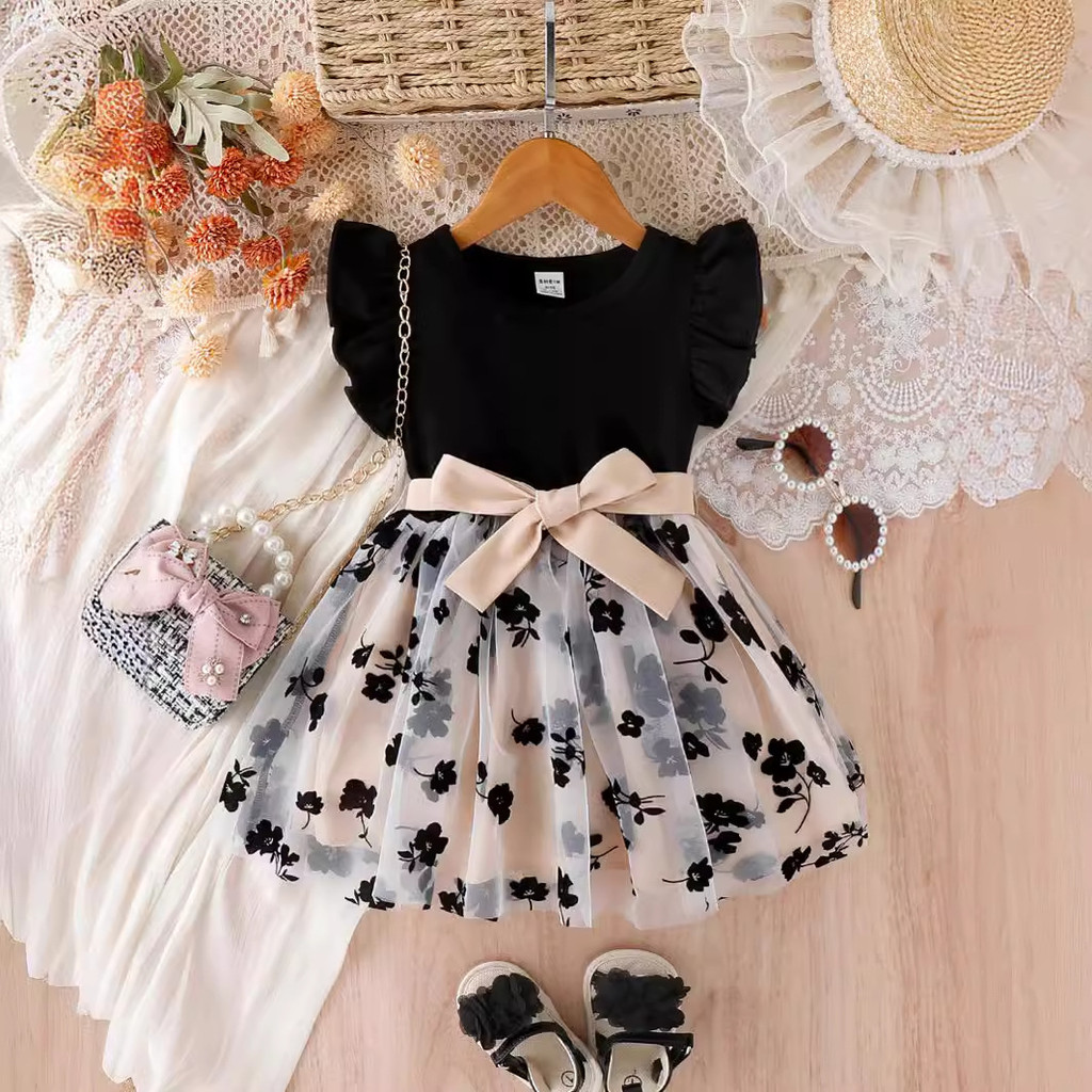 Novo Estilo Preto 3-8 Anos Verão Mangas Voadoras Vestido De Menina Flor Crianças Festa Pri...