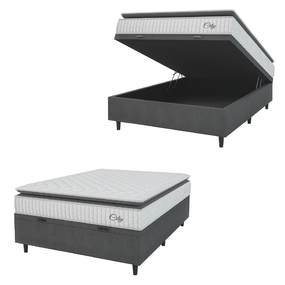 Cama Box Baú Colchão Casal Molas Ensacadas City Pillow Top 138x188x64cm Branco / Cinza Hel...
