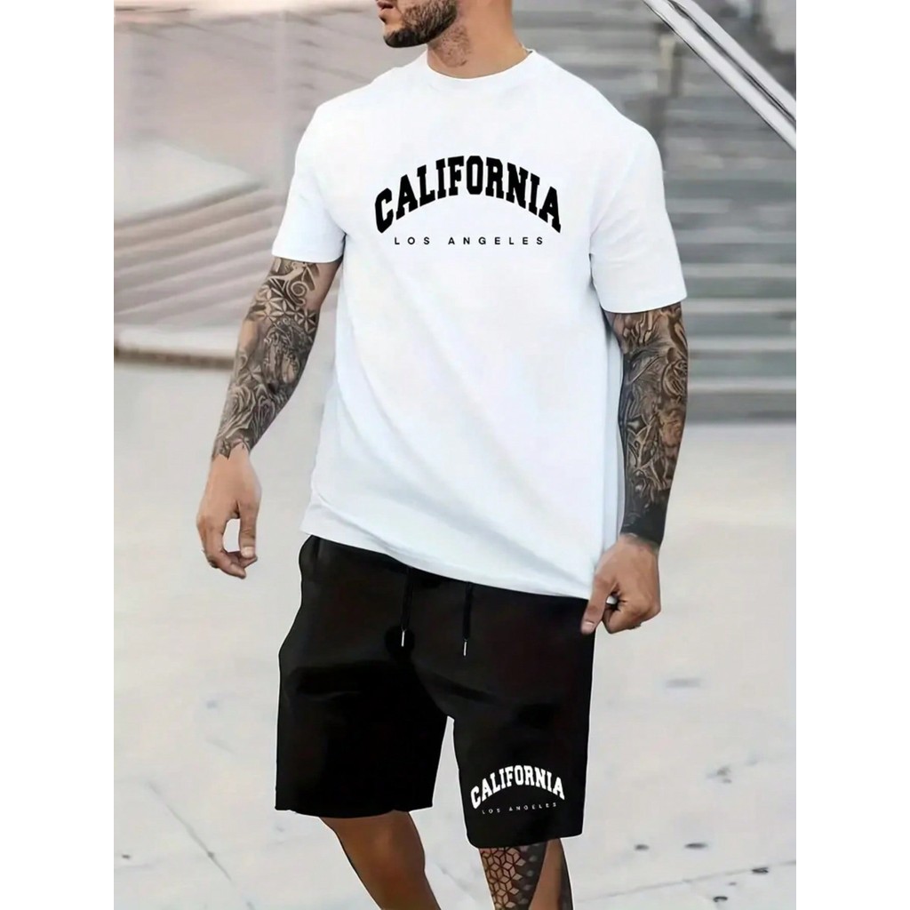 Conjunto California Los Angeles 2 Peças Camiseta Masculina Malha Premium + Short Tactel Estampado Moda Streetwear Verão