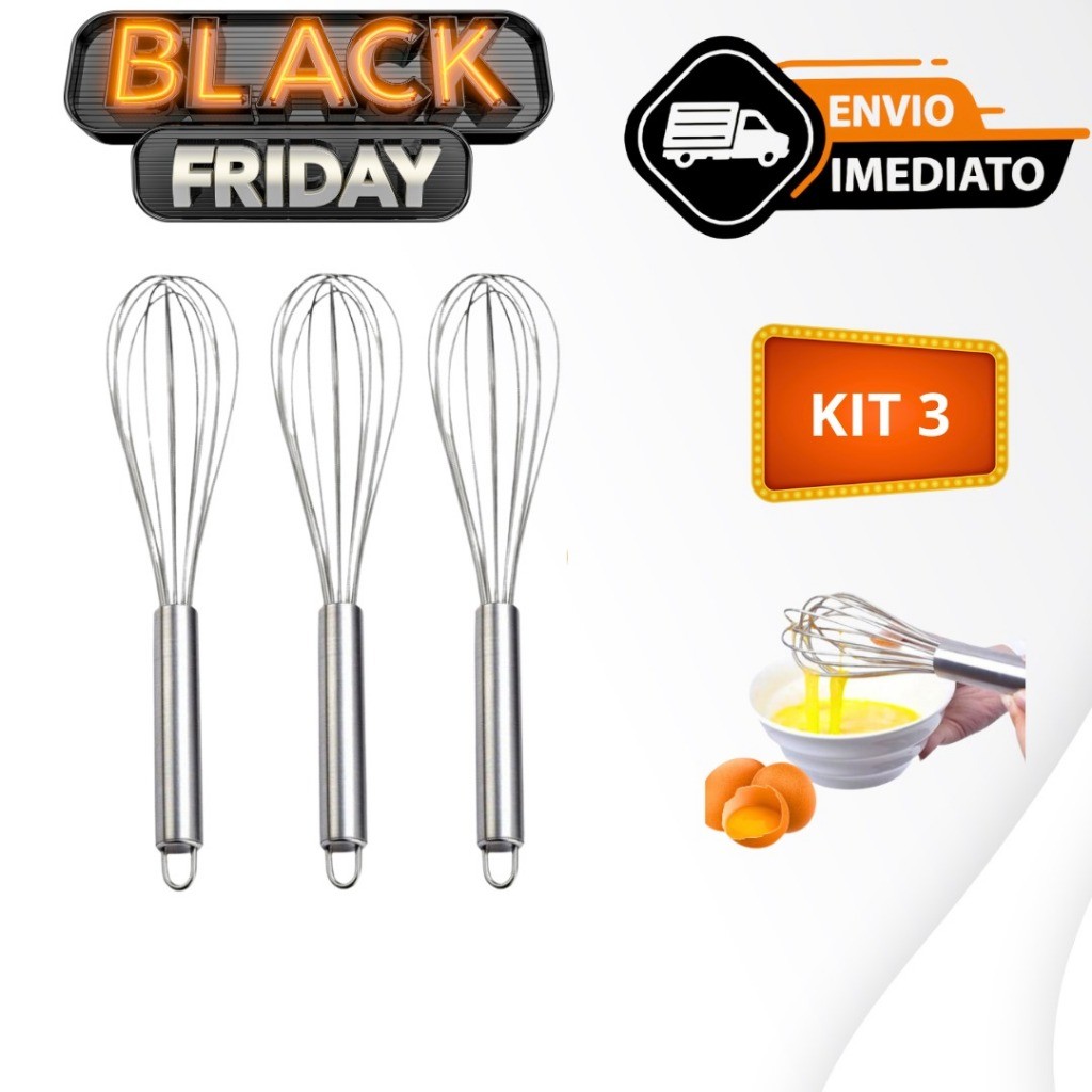 Kit 03 Batedor De Ovos E Massas Fouet Profissional Em Aço Inox Mixer Manual 30cm