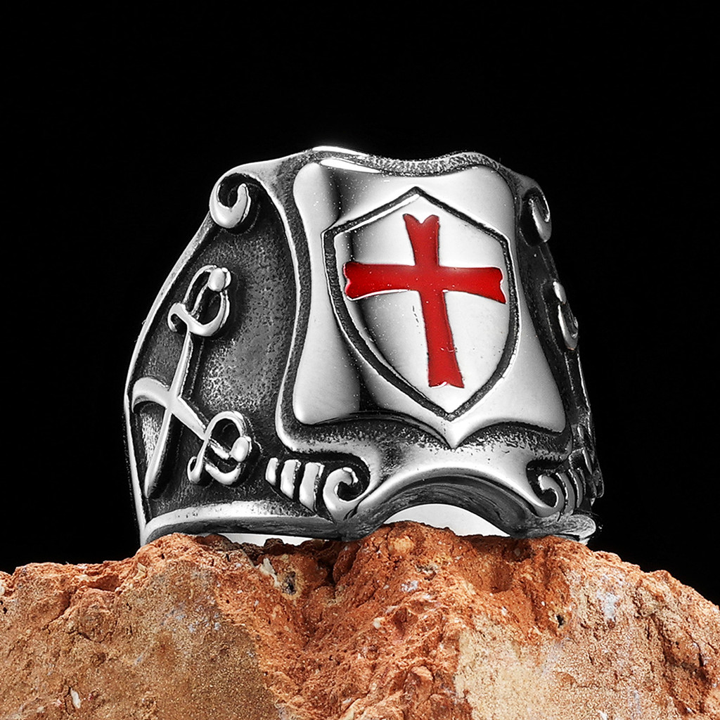 Anel Masculino De Aço Inoxidável Cavaleiro Templário Com Cruz Vermelha Escudo Medieval Cruzado Declaração Jóias Religios