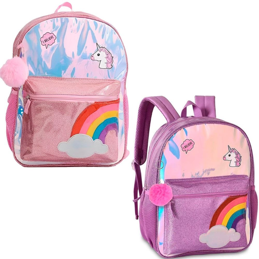 Mochila Feminina Escolar Holográfica Infantil Rosa de Costas Unicórnio Arco-Iris Menina Clio