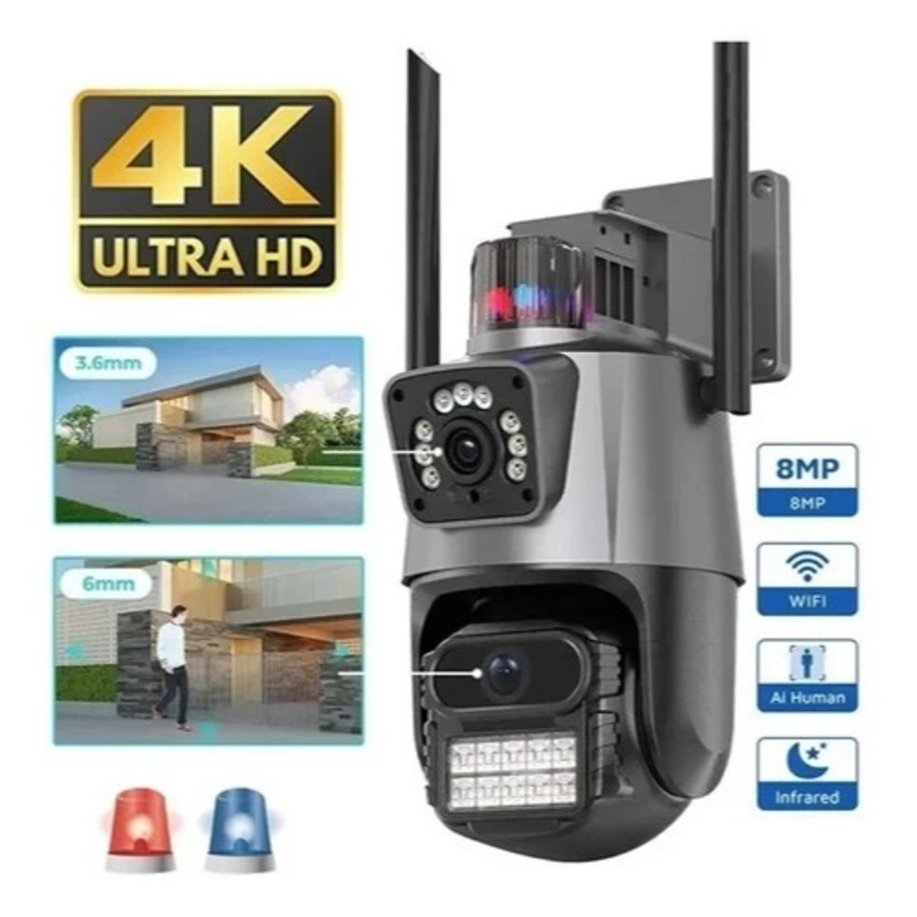 Câmera Ip De Segurança Externa Lente Dupla Com Sirene 3mp Full Hd 4K Wifi Visão Noturna App Icsee