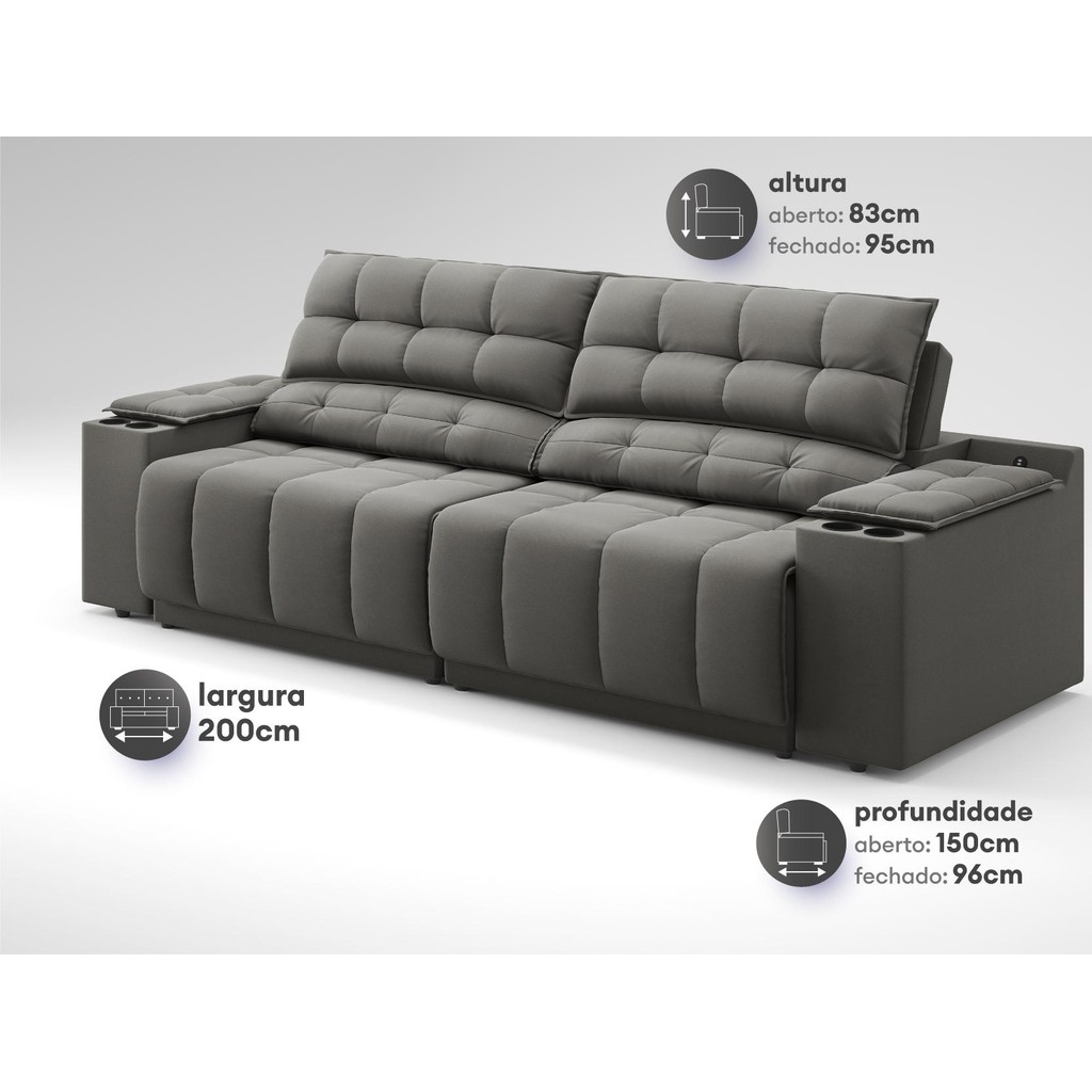 Sofá com Porta Copos Carregador USB Ret Rec Samurai 2,00m Velosuede Cinza - NETSOFAS · foto 2