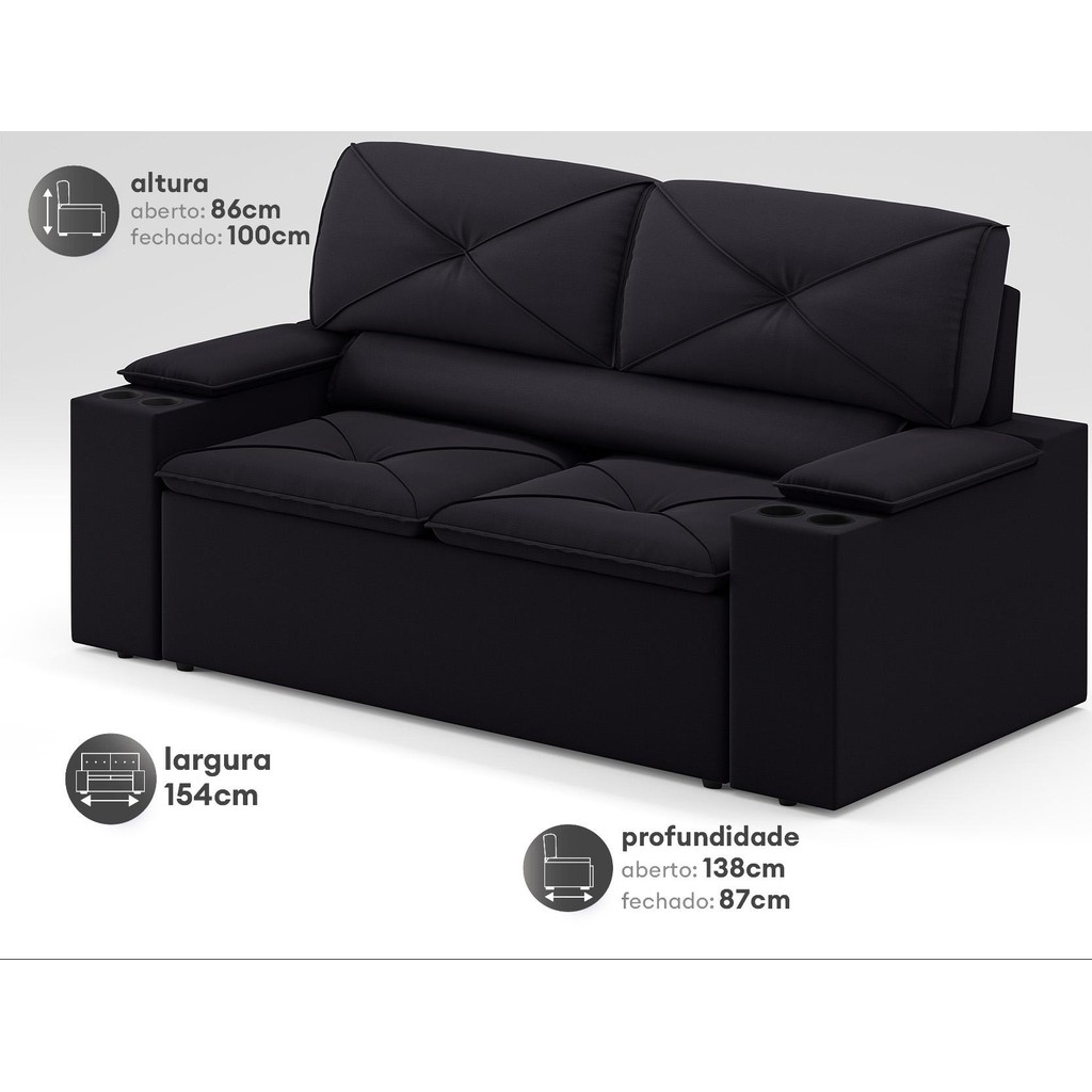 Sofá com Porta Copos Retrátil e Reclinável Pop 1,54m Velosuede Preto - NETSOFAS