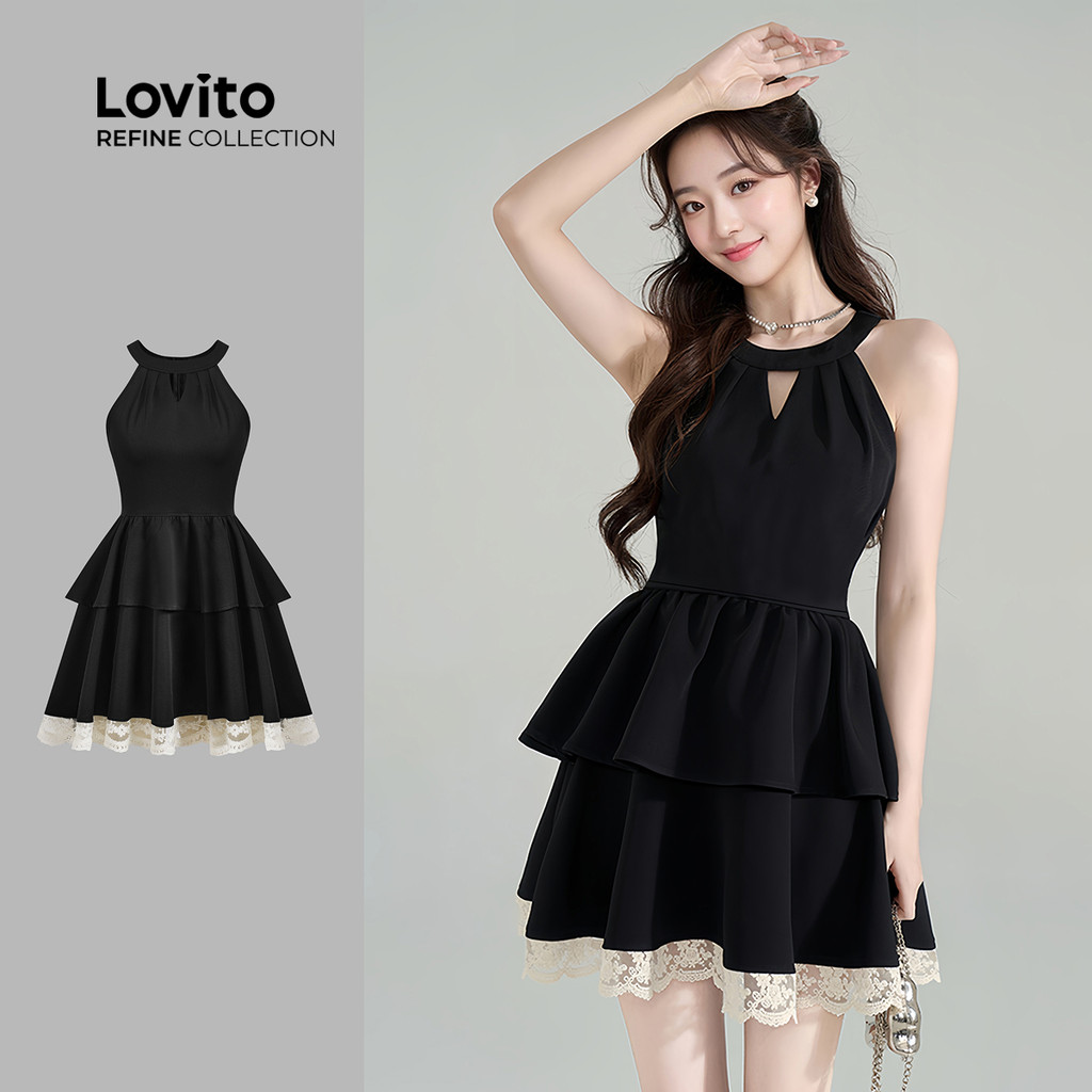 (Lovito Refine) Vestido Casual Feminino Liso Renda Drapeado Recorte Verão/primavera LR7AD001 em Oferta na Shopee