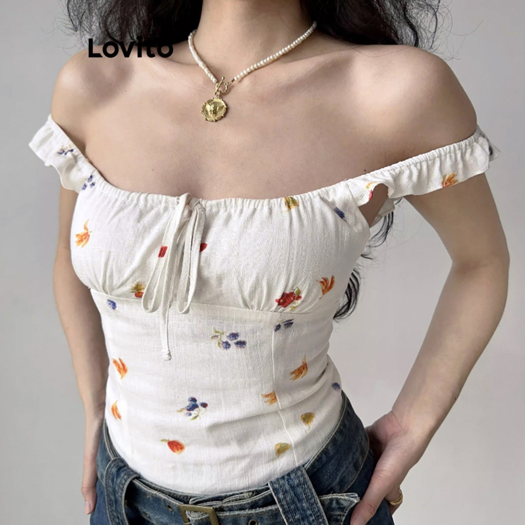 (Trendy) Lovito Regata Casual Ditsy Floral Com Cadarço E Laço Frontal Para Mulheres L95ED510 - Women Clothes