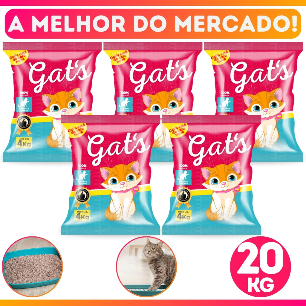 Kit 5 Areia de Gato Pacotes de Areia Sanitária Antiodor Tira Cheiro Gatos Tradicional 100% Natural