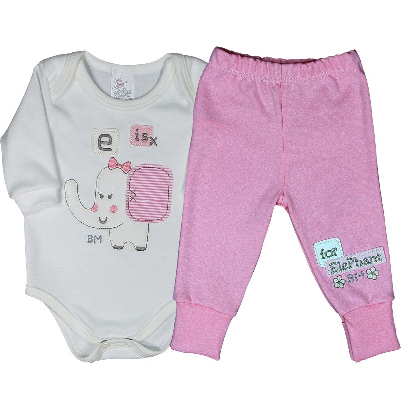 Conjunto Body Manga Longa Bordado Elephant + Calça Suedine Pé Reversível Bordado Elephant