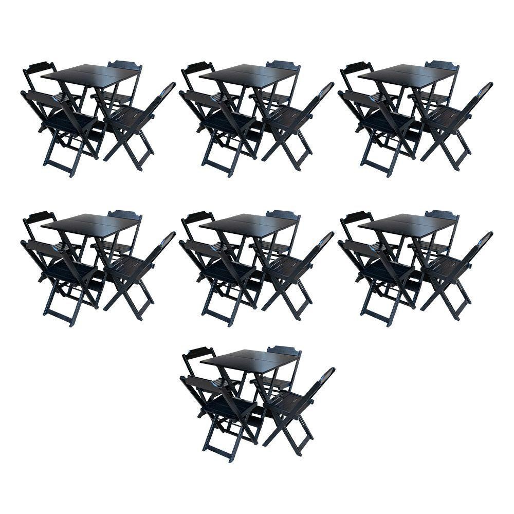 Kit 7 Conjuntos De Mesa Dobravel Com 4 Cadeiras De Madeira 70X70 Para Restaurante E Bar - Preto
