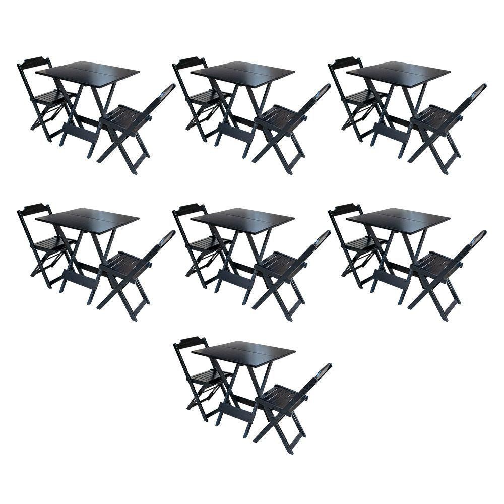 Kit 7 Conjuntos De Mesa Dobravel Com 2 Cadeiras De Madeira 70X70 Para Restaurante E Bar - Preto