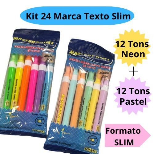 Kit 24 Caneta Marca Texto Slim (12 Neon + 12 pastel) Escolar Infantil Diversas Cores Masterprint em Oferta na Shopee