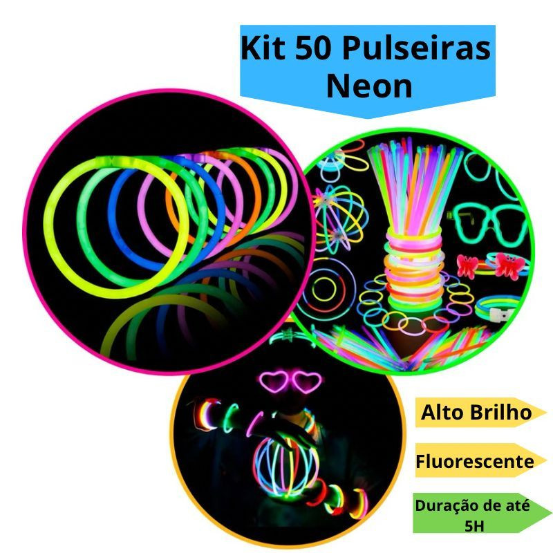 KIT 50 Unidades Pulseira Neon Fluorescente Alto Brilho Carnaval Festas Casamento Vara Colorida