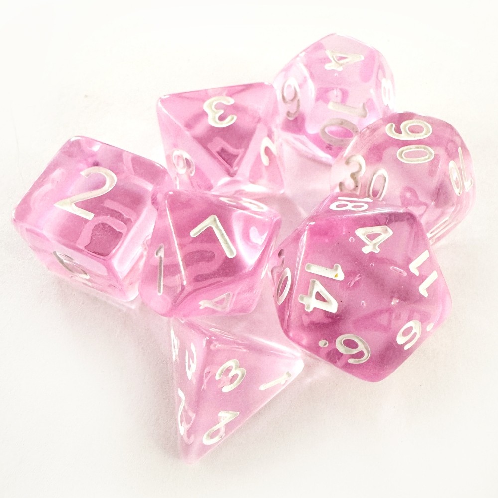KIT 7 DADOS DICE ROSA CLARO TRANSLÚCIDO CENTRAL JOGO TABULEIRO RPG MESA BRANCO D4 D6 D8 D10 D12 D20 em Oferta na Shopee