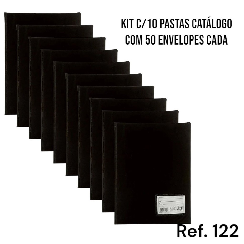 10 Pastas Catálogo Preta com 50 Envelopes Plásticos Finos - Acp