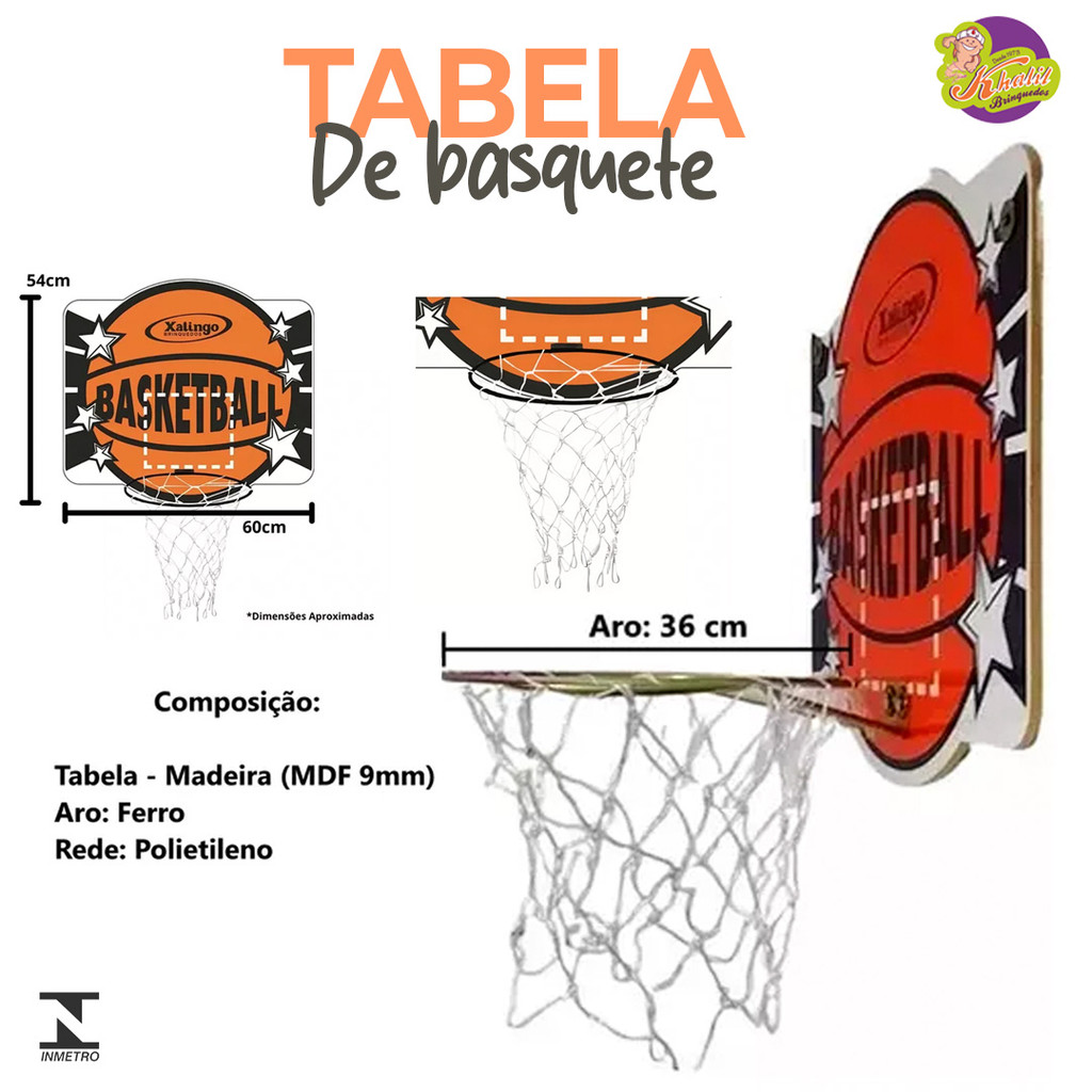 Tabela de Basquete Xalingo em MDF com Aro de Ferro e Altura Ajustável – 60x54cm