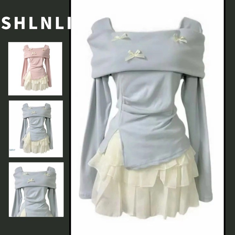 Conjunto Feminino De Verão Doce E Fofo , Ombro De Fora , Manga Comprida , Top + Saia De Cor Sólida , De Duas Peças em Oferta na Shopee