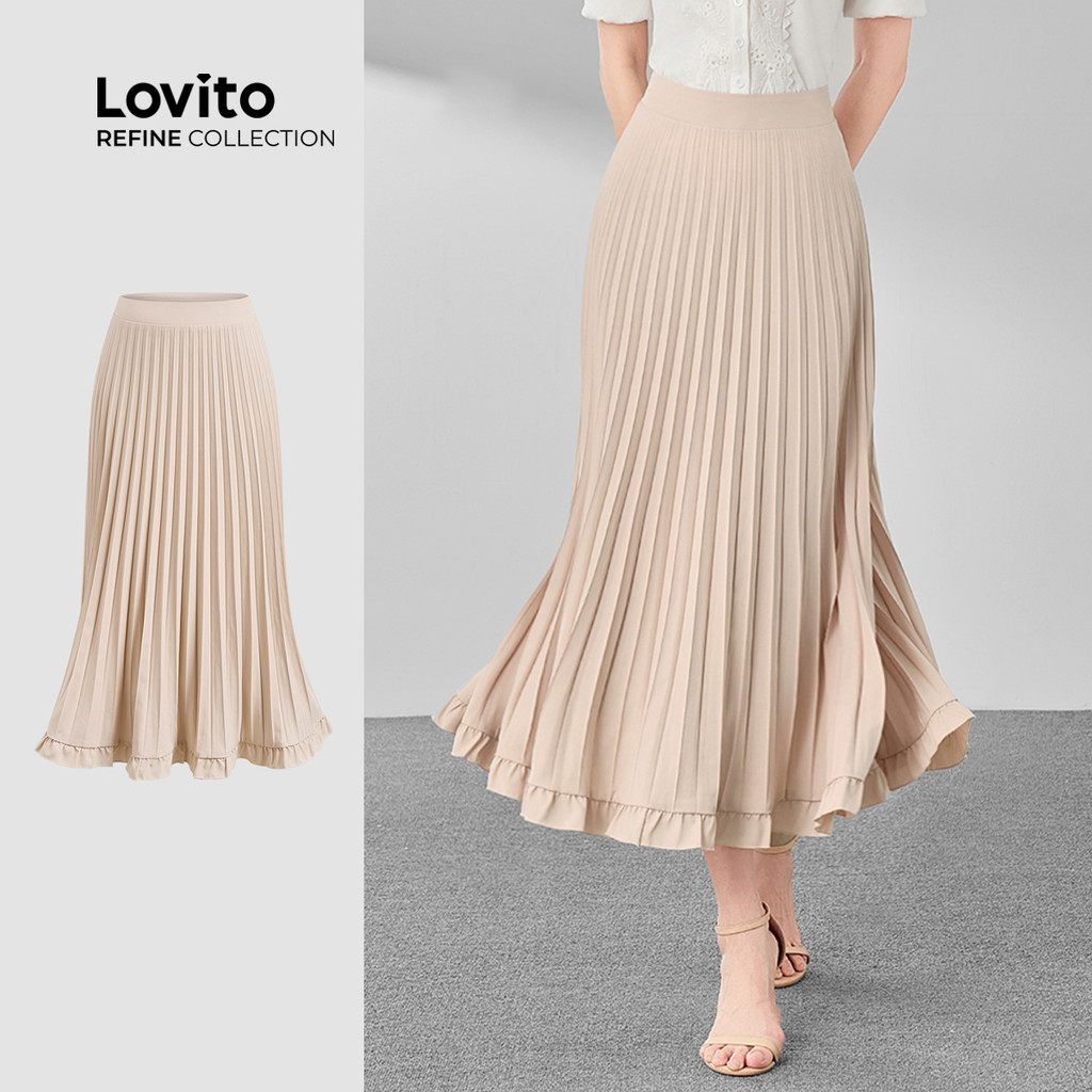 (Lovito Refine) Saias elegantes plissadas com babados lisos para mulheres LR7ED004 - Women Clothes