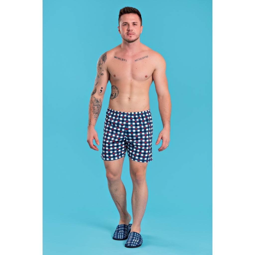 Short Samba Canção Xadrez Corações Verão Confortável