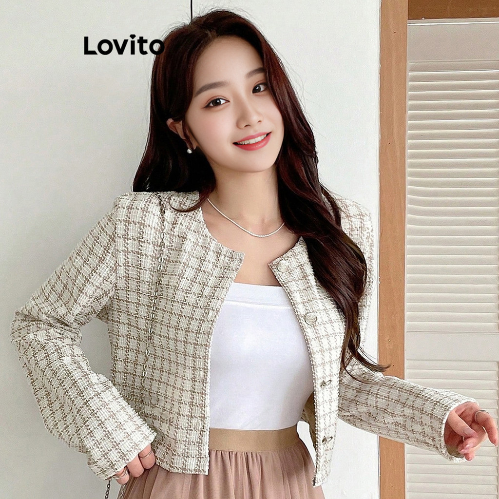 Lovito Jaqueta Elegante Xadrez Pérolas Botão Frontal Para Mulheres L101AD091 - Women Clothes