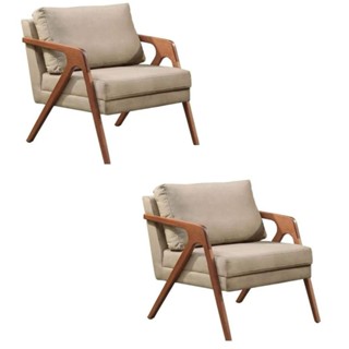 Kit 2 Poltronas Decorativa Mona Luxo Linho Bege Base Madeira Maciça em Oferta na Shopee