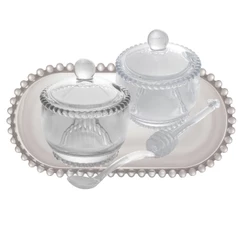 Kit Açucareiro, Meleira e Prato Oval Pearl Lapidação em Bolinhas - Wolff