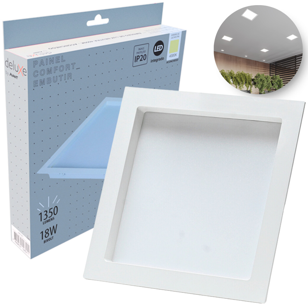 Painel Led Recuado 18w Quadrado 4000k Comfort Branco Quente 20cm 110V/220V Bivolt Branco Fosco Cód: 908070871 - Deluxe em Oferta na Shopee