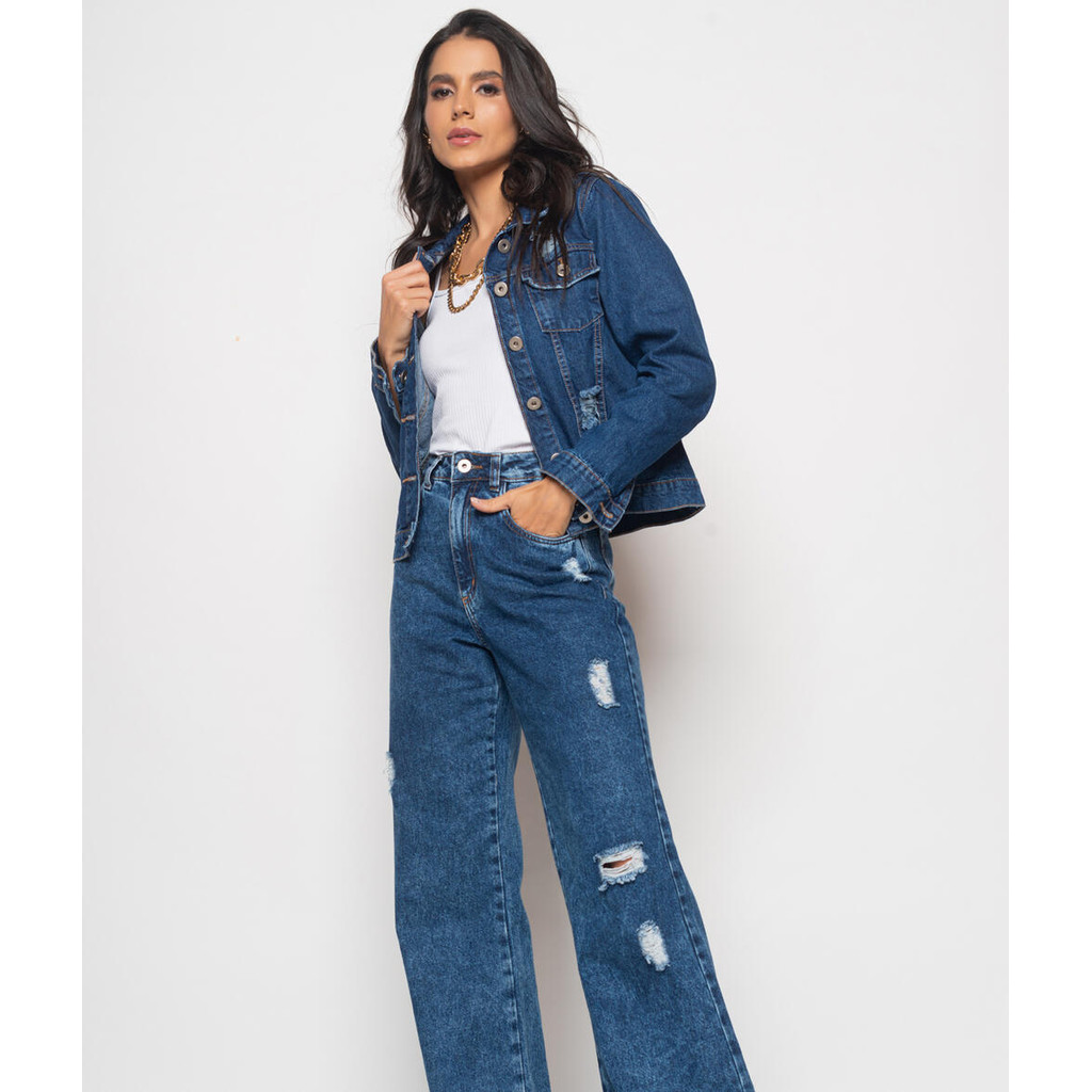 Calça Wide Leg Jeans Escuro Com Rasgos Salvatore Fashion