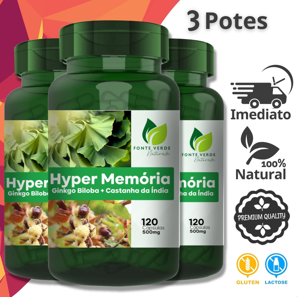 3 Potes Hyper Memória Natural Ginko + Castanha Kit 360 Cáps - Fonte Verde