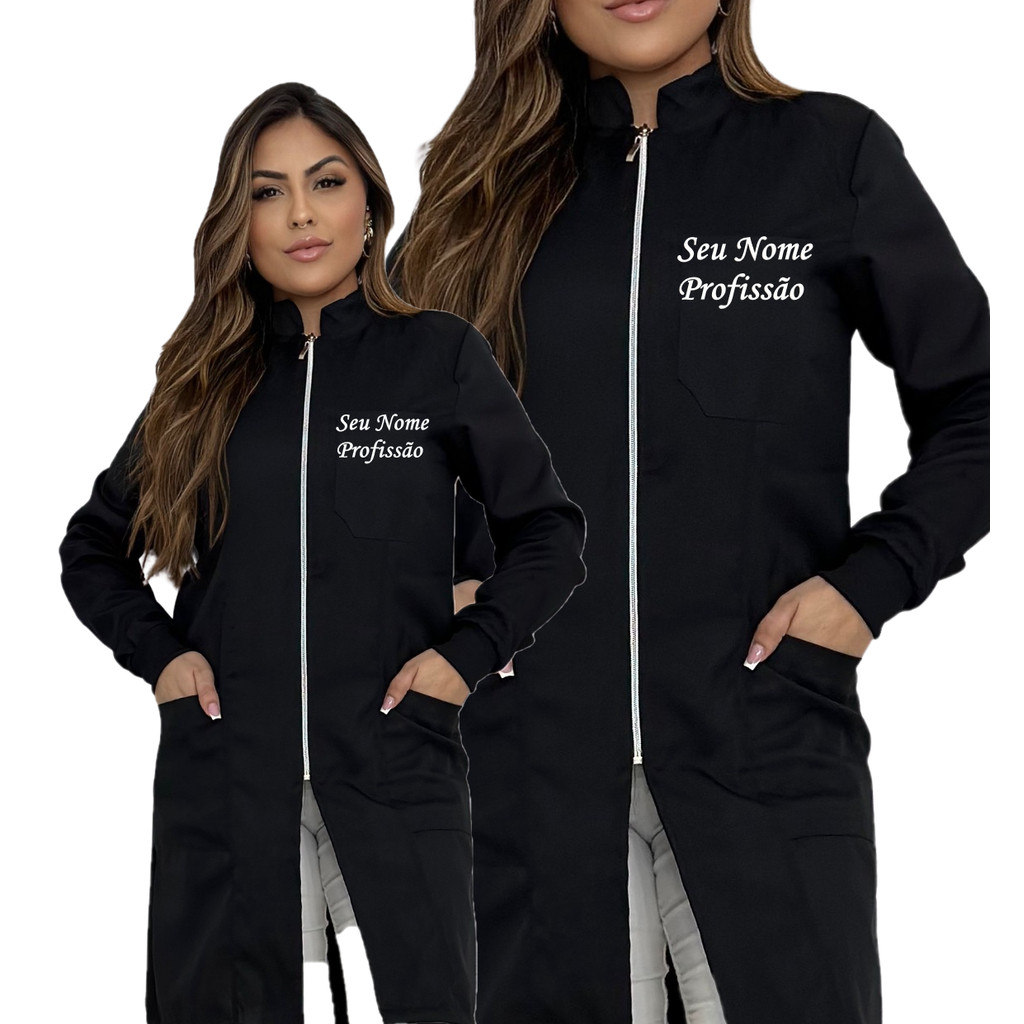 Jaleco Feminino Preto Ziper Prata, Manga Longa, Personalizado, Bordado Nome e Profissão