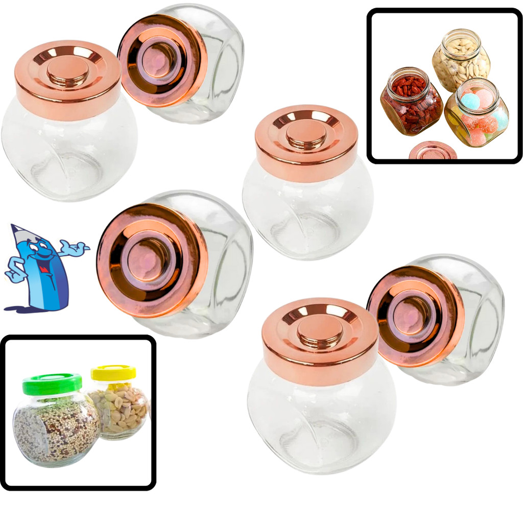 KIT JOGO PORTA TEMPERO DE VIDRO CONDIMENTO POTINHO TIPO BALEIRO COM TAMPA ROSE GOLD 6 PEÇAS 150ML