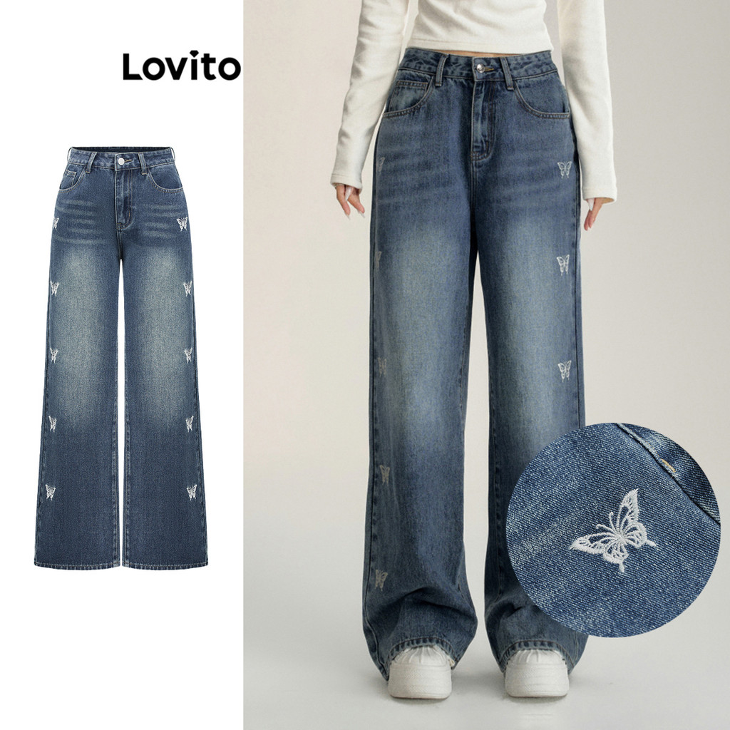 Lovito Jeans casual simples com bolso de botão borboleta para mulheres L110AD678 - Women Clothes