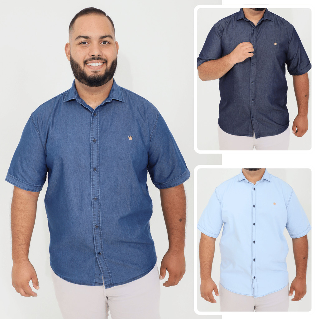 Camisa Jeans Plus Size Masculina Manga Curta Botão Casual Social Moda Maior Premium em Oferta na Shopee