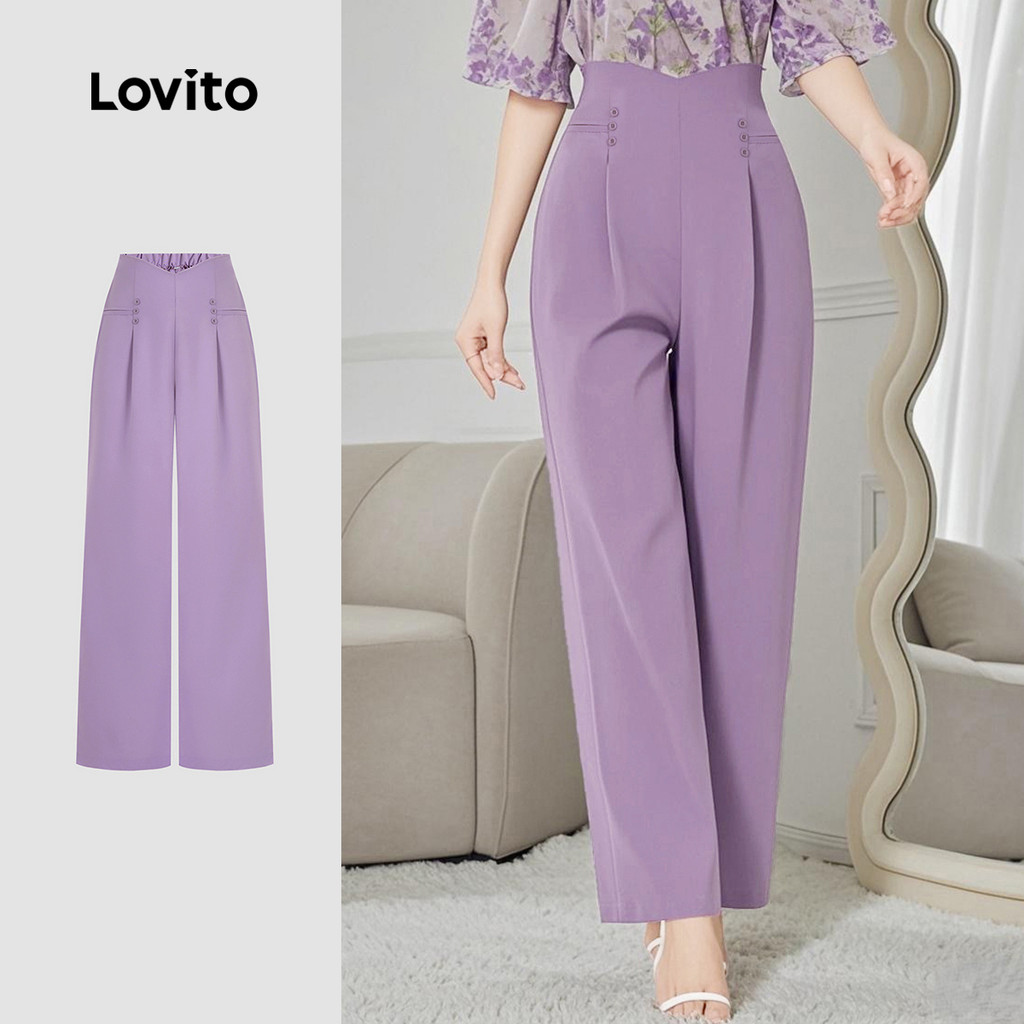 Lovito Calça Feminina Elegante, Botão Liso, Bolso Falso, Calça De Verão/primavera L131ED667 em Oferta na Shopee