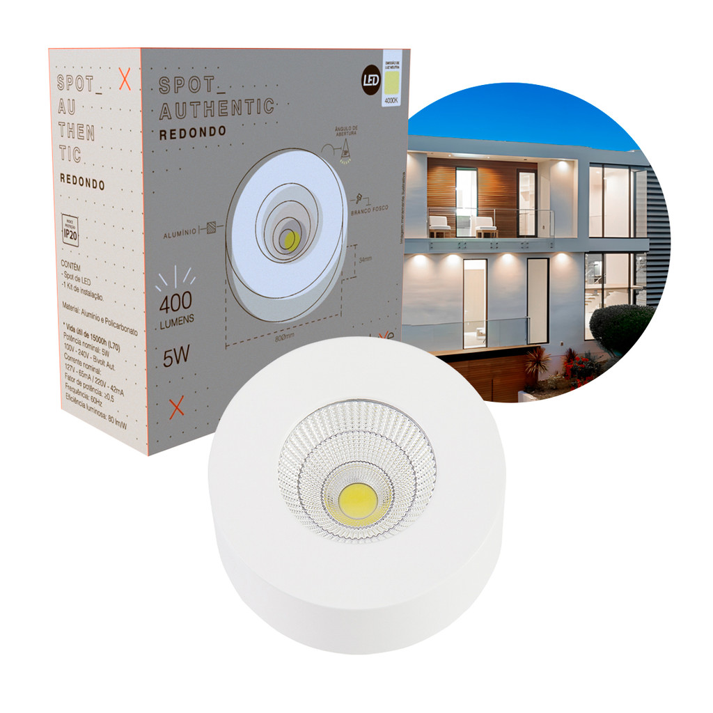 Spot Led Authentic Beiral de teto 5w 4000k Branco Neutro 8cm Bivolt Redondo Branco Cod: 907070872 Deluxe By Avant - Home & Living