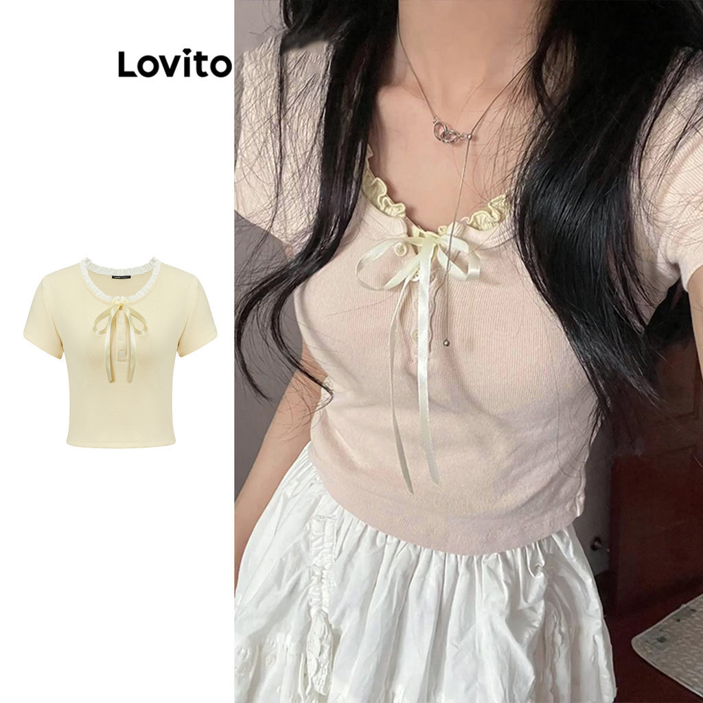 Lovito Camiseta Casual Com Cordão Liso Para Mulheres LNA27322 (Rosa) em Oferta na Shopee