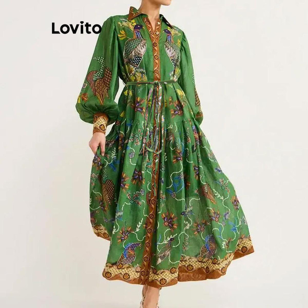 Lovito Vestido casual com estampa de plantas para mulheres LNL69231 - Women Clothes