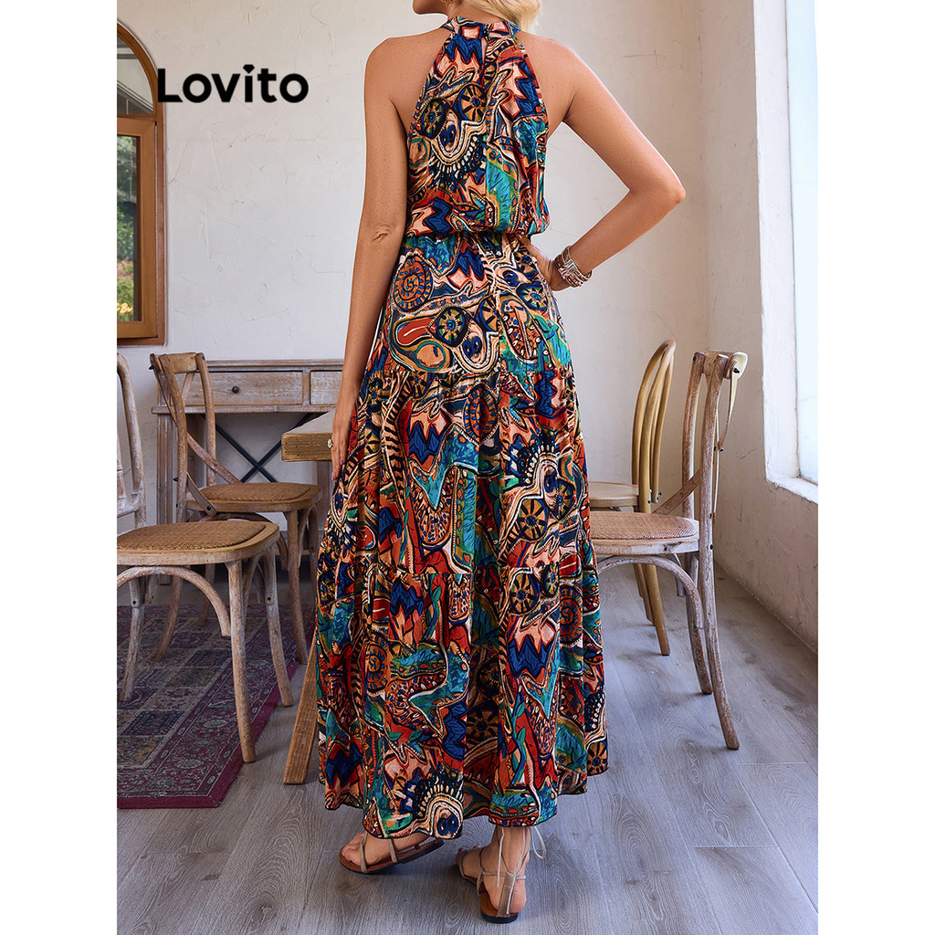 Lovito Vestido Boho Com Estampa Tribal E Cinto De Ombro Frio Para Mulheres LBL15435 - Women Clothes