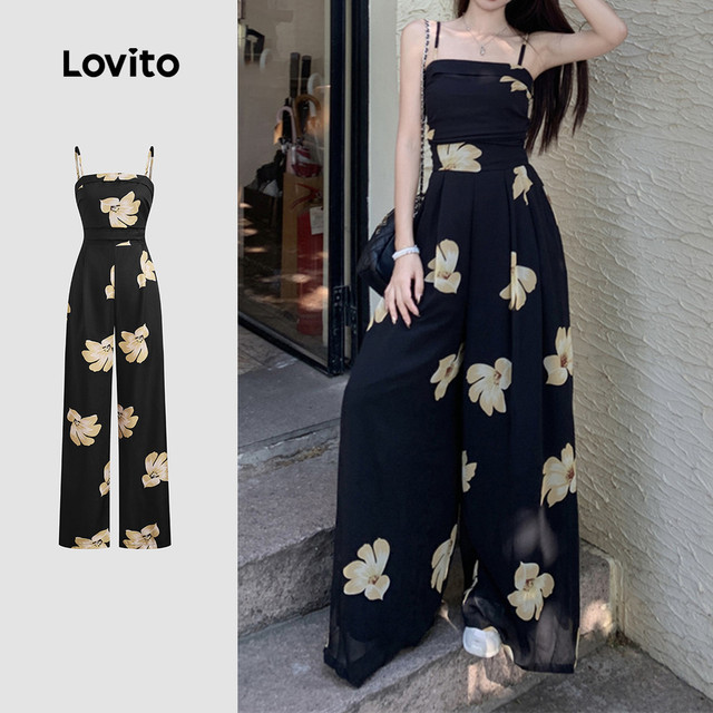 Lovito Longo Férias Macacão Floral Com Detalhe Franzido E Laço Para O Verão/primavera Bordado L132ED1033