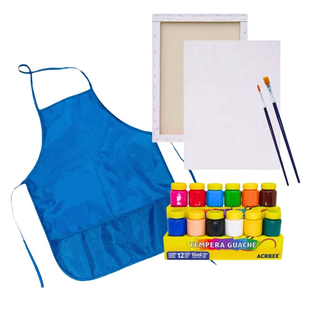 Kit de Pintura Escolar Completo Tela + Tinta guache 12 cores  + 2 Pincéis + Avental Colorido em Oferta na Shopee