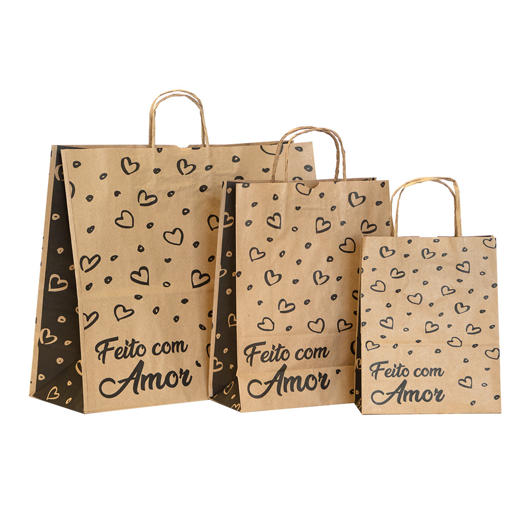 50 Sacolas Papel Feito com Amor PP P M G Kraft Monolúcido Sacolinha Lembrancinha Alça Embalagem