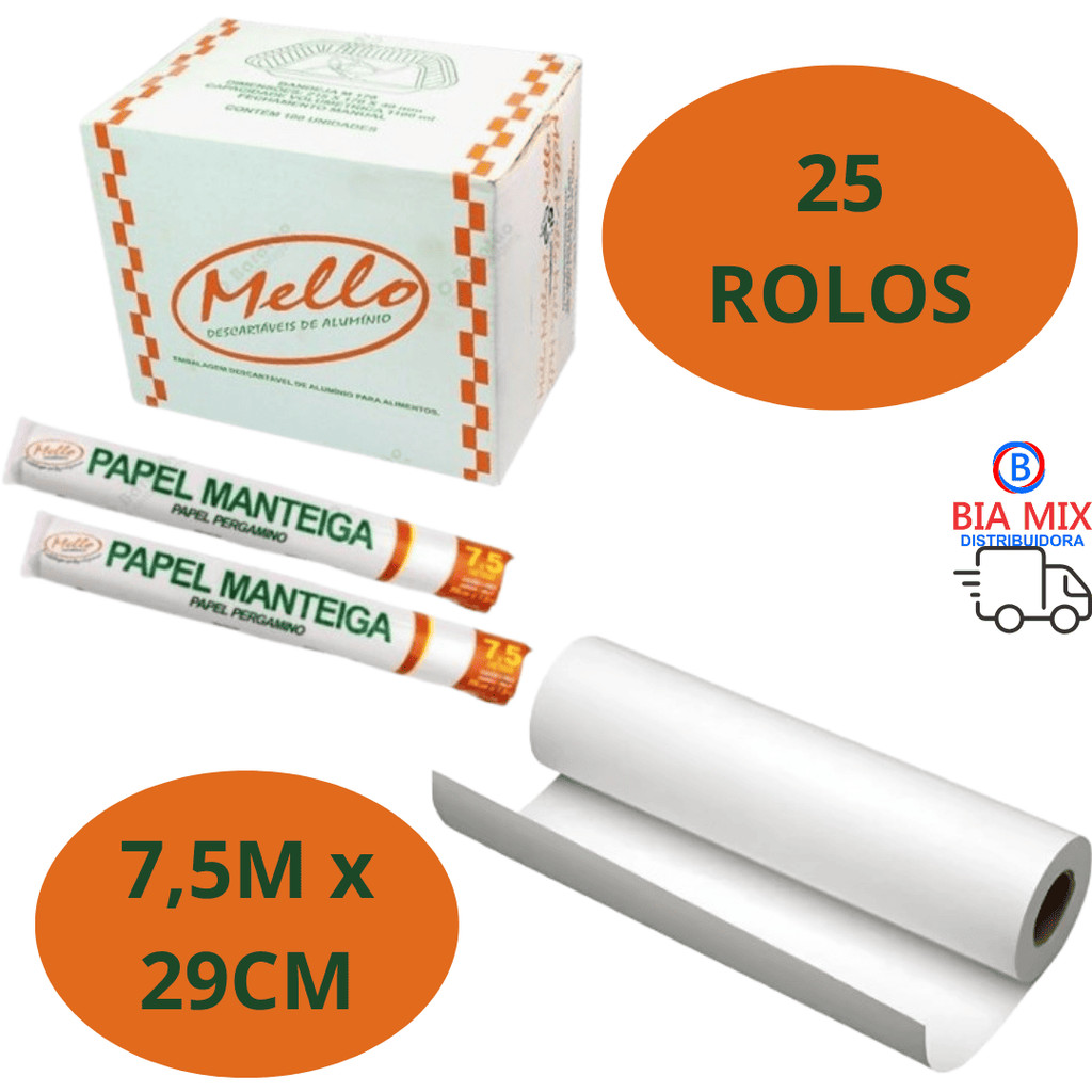 25 Rolos Papel Manteiga  7,5 METROS x 29CM Geladeira Forno Freez para Assar Forno Air Fryer