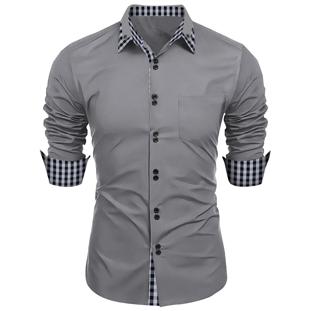 Camisa de lapela xadrez com costura de gola Cardigan de negócios diário masculino