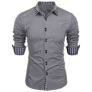 Camisa de lapela xadrez com costura de gola Cardigan de negócios diário masculino