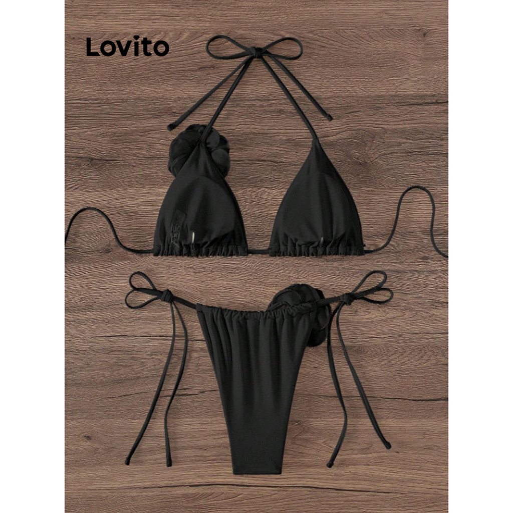 Detalhes do Lovito Conjuntos de biquíni casual com apliques lisos com cadarço para mulheres LNE60537