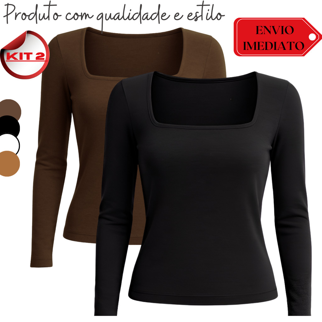 Kit 2 Blusa Feminina de Suplex com Manga Longa e Decote Quadrado Premium em Oferta na Shopee