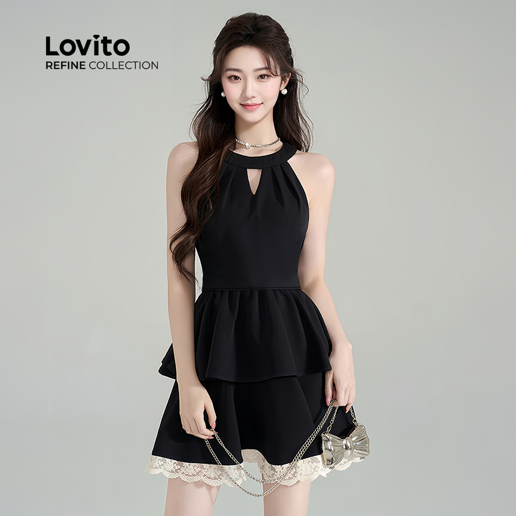 Detalhes do Lovito Refine Vestido Feminino Casual Simples Renda Drapeada Recorte Primavera/Verão LR7AD001