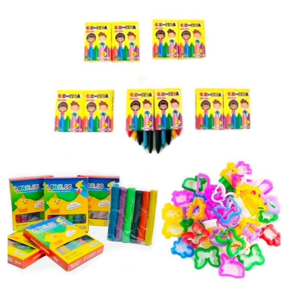 Kit 10 Cxs Mini Giz De Cera 5 Cores + 10 Massinha Modelar 65g 6 cores + 20 Cortadores p/KIT FESTA. em Oferta na Shopee