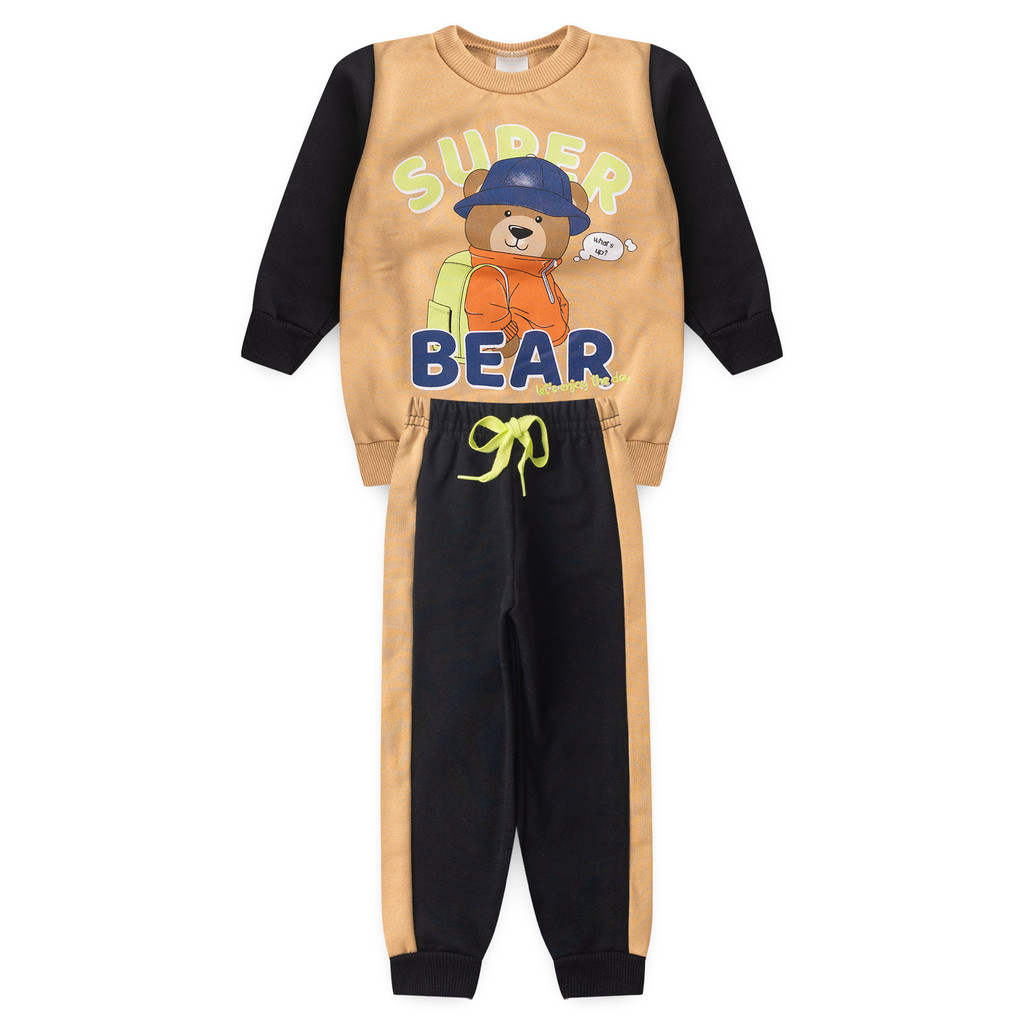 Conjunto Infantil Menino Masculino 1 a 3 Anos Moletom Peluciado Estampa Urso Calça Com Recorte Confortável Macio